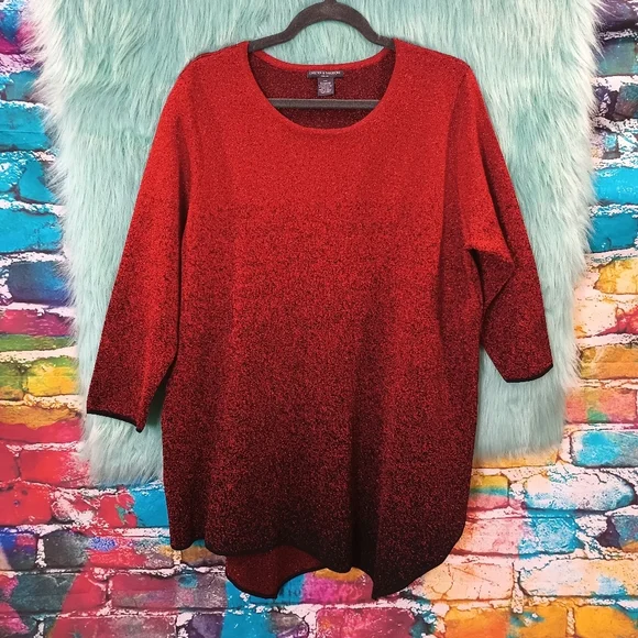 Chelsea and Theodore Red and Black Sparkly Long Half Sleeve Top Size 2X - Picture 2 of 7